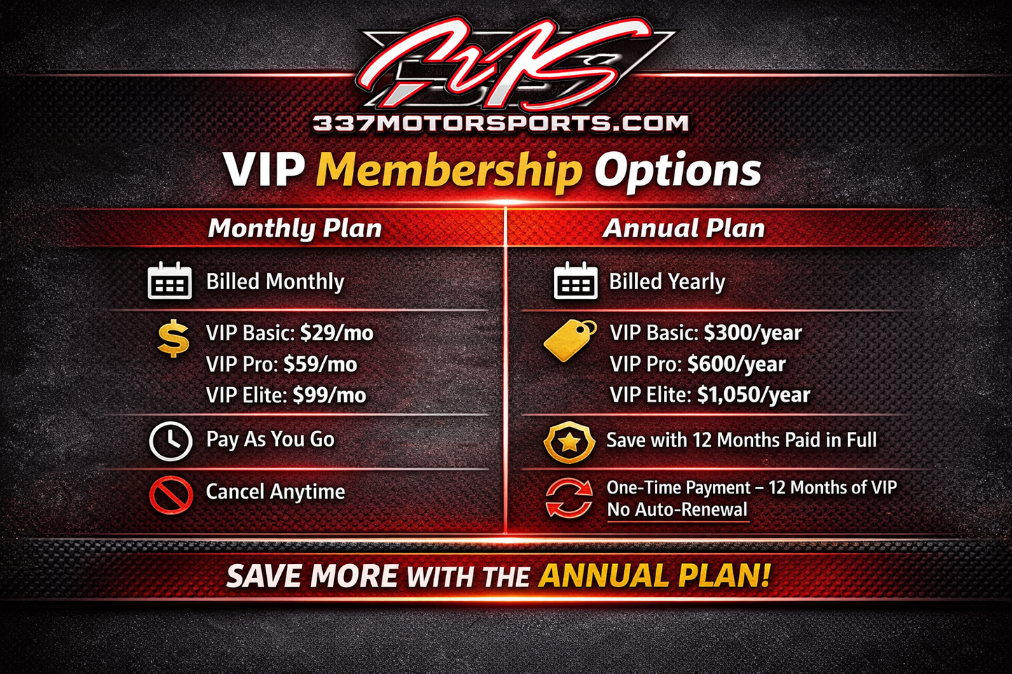 337Motorsports VIP Membership Monthly